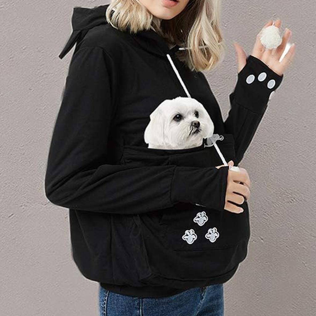 Dame Ensfarget Stor Lomme Kjæledyr Langermet Pullover Genser Sweatshirt Topp