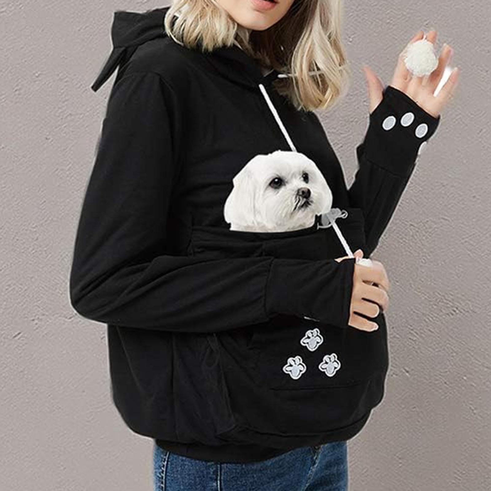 

Женский однотонный пуловер с длинными рукавами и большим карманом для питомца XXL чёрный