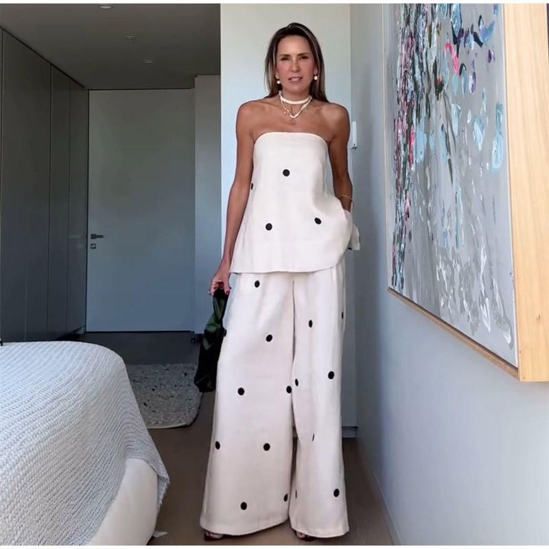 2025 Womens Polka Dot Tube Top Long Pants Set Street Style Casual Outfit