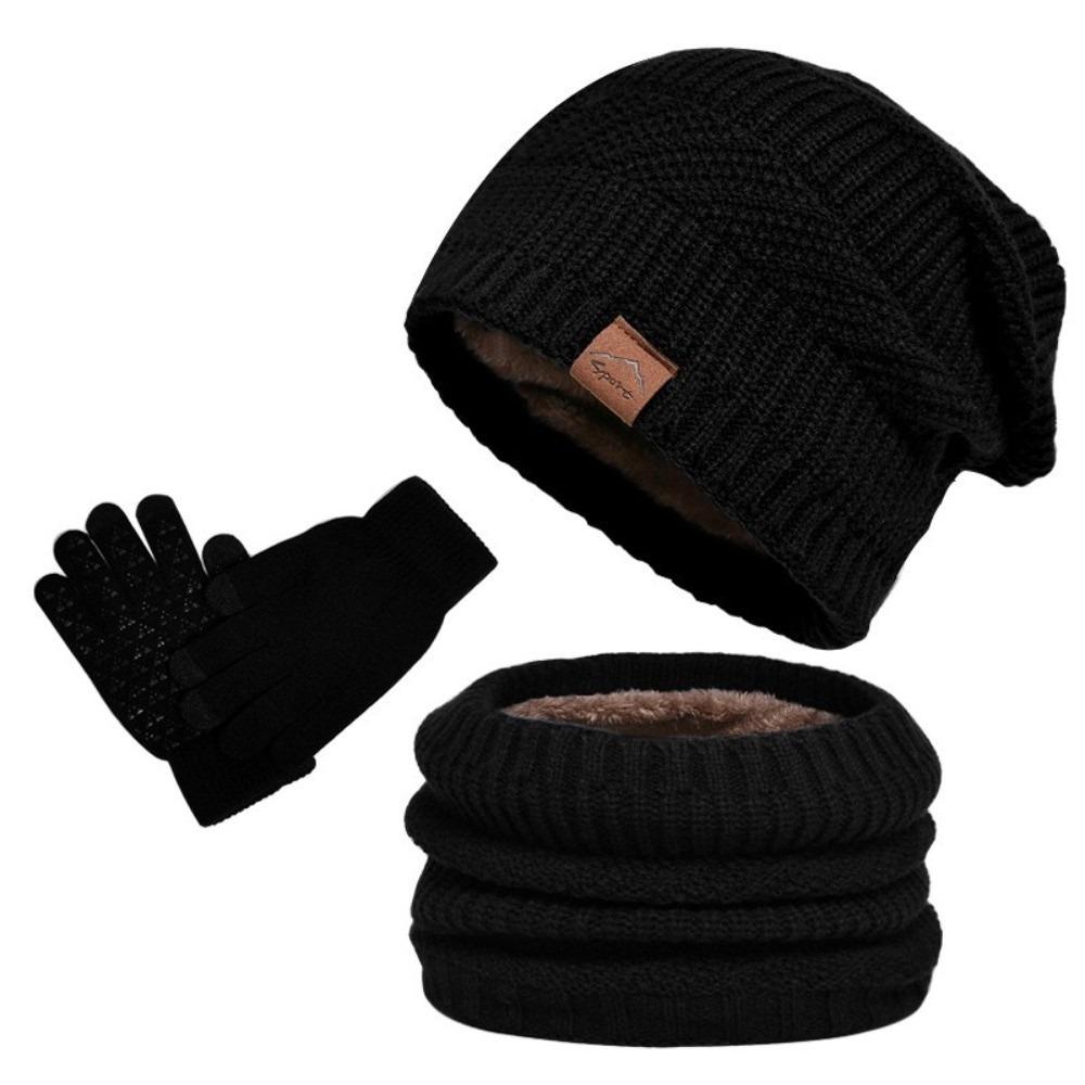 3pcs Warm Hat Scarf Gloves Set Solid Color Winter Beanie Hat Hiking Thermal Knit Cap  Cold Weather