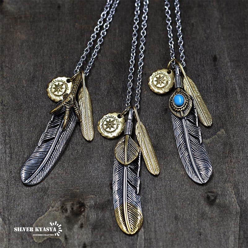 Stainless Steel Triple Feather Necklace for Extra Large Gold Sun Metal Pendant Rope [Silver KYASYA] Men, Silver, Feather, Claws, Turquoise, (Gold