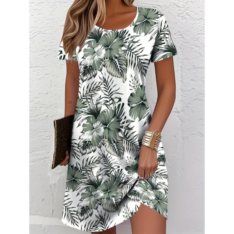 

Женская юбка с тропическим принтом листьев - Короткий рукав, круглый вырез, стиль для отпуска, весенне-летняя повседневная одежда, комбинезон с тропическим цветочным принтом 8XL