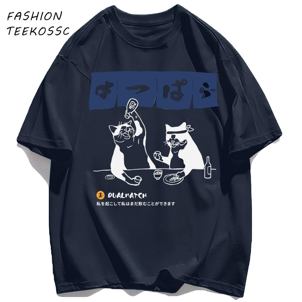 A Cat Drinking Late At Night Print Mens T Shirts Hip Hop AllMatch Tops Casual Cotton Clothes Oversized Crewneck Streetwear