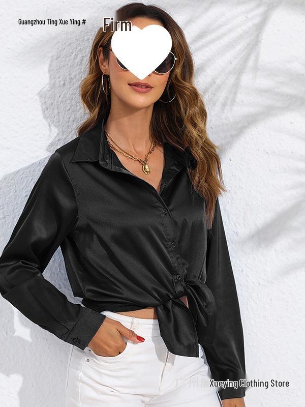European & American Women's Long Sleeve Satin-Cotton Shirt - Solid Color, Spring & Autumn Bestseller