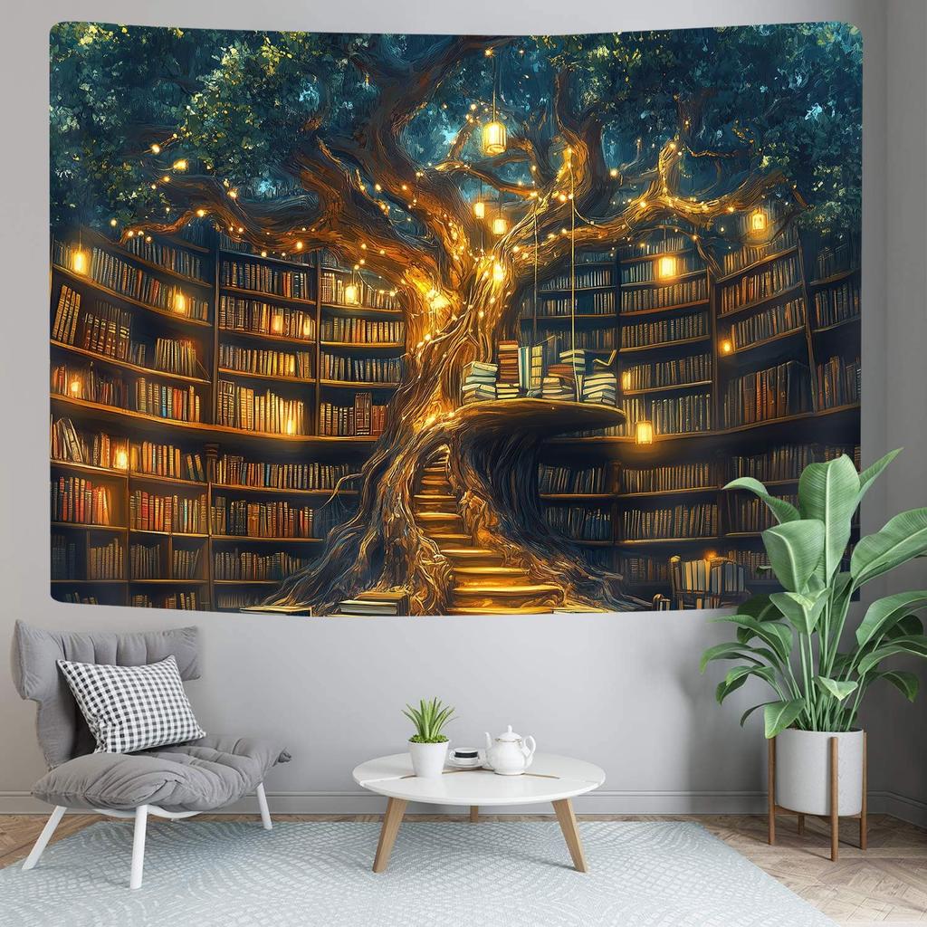 Fantasy Bibliothek Wandteppich für Klassenzimmer, Mystischer Baum Magisches Bücherregal Ästhetische Wandteppiche, Hexen Märchenbaum Vintage
