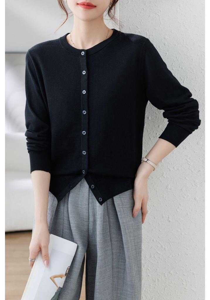Women's 100% Wool Loose Knit Cardigan - Solid Color, Round Neck, Long Sleeve, Machine Washable Versatile Top