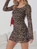 Women's Sexy Leopard & Butterfly Print Round Neck Long Sleeve Dress