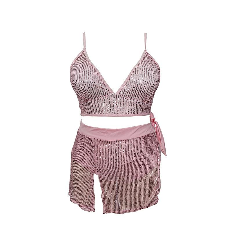 New swimsuit women's swimsuit solid color halter three-piece bikini print sexy women's bikini