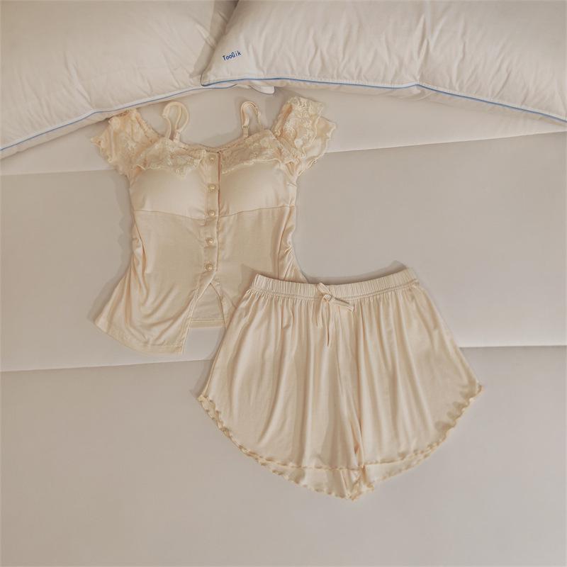 Women's Lace Camisole Sleepwear Set with Chest Pads - Sweet & Sexy Spring/Summer Homewear.