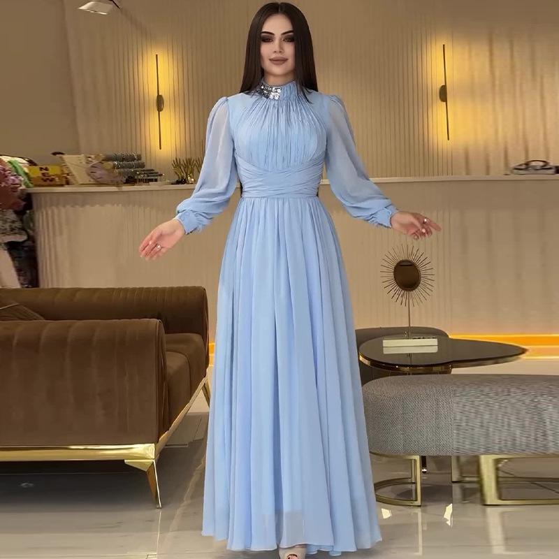 2024 Autumn Women's Solid Color Elegant Slimming Long Dress with Semi-High Neck