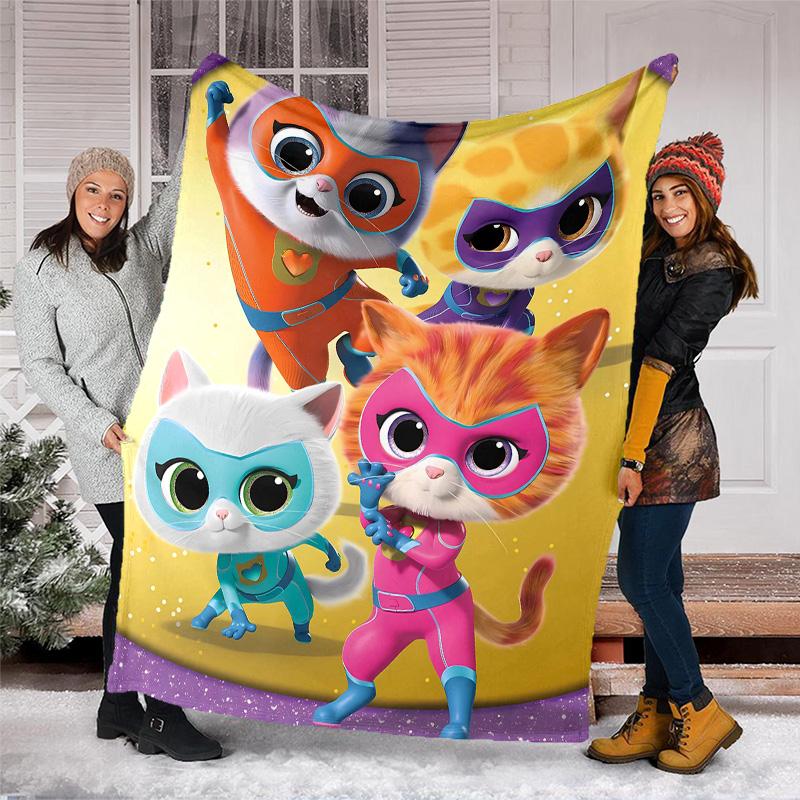 1pc Super Kitties Adventures1 Theme Soft Flannel Throw Blanket - Digital Print, Polyester, Cozy for All Seasons, Perfect for Outdoor, and Travel