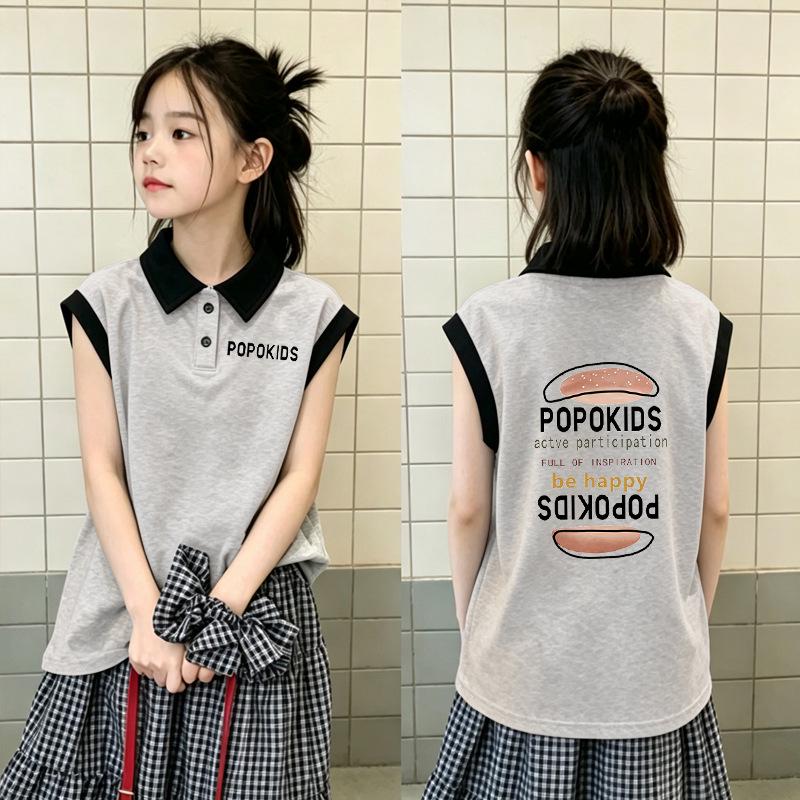 Girls' Stylish Patchwork Cotton Polo Top - Sleeveless Summer Fashion Shirt