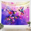 Watercolor Hummingbird Tapestry, Vibrant Wall Hanging with Colorful Hummingbirds & Cherry Blossoms on Purple Background