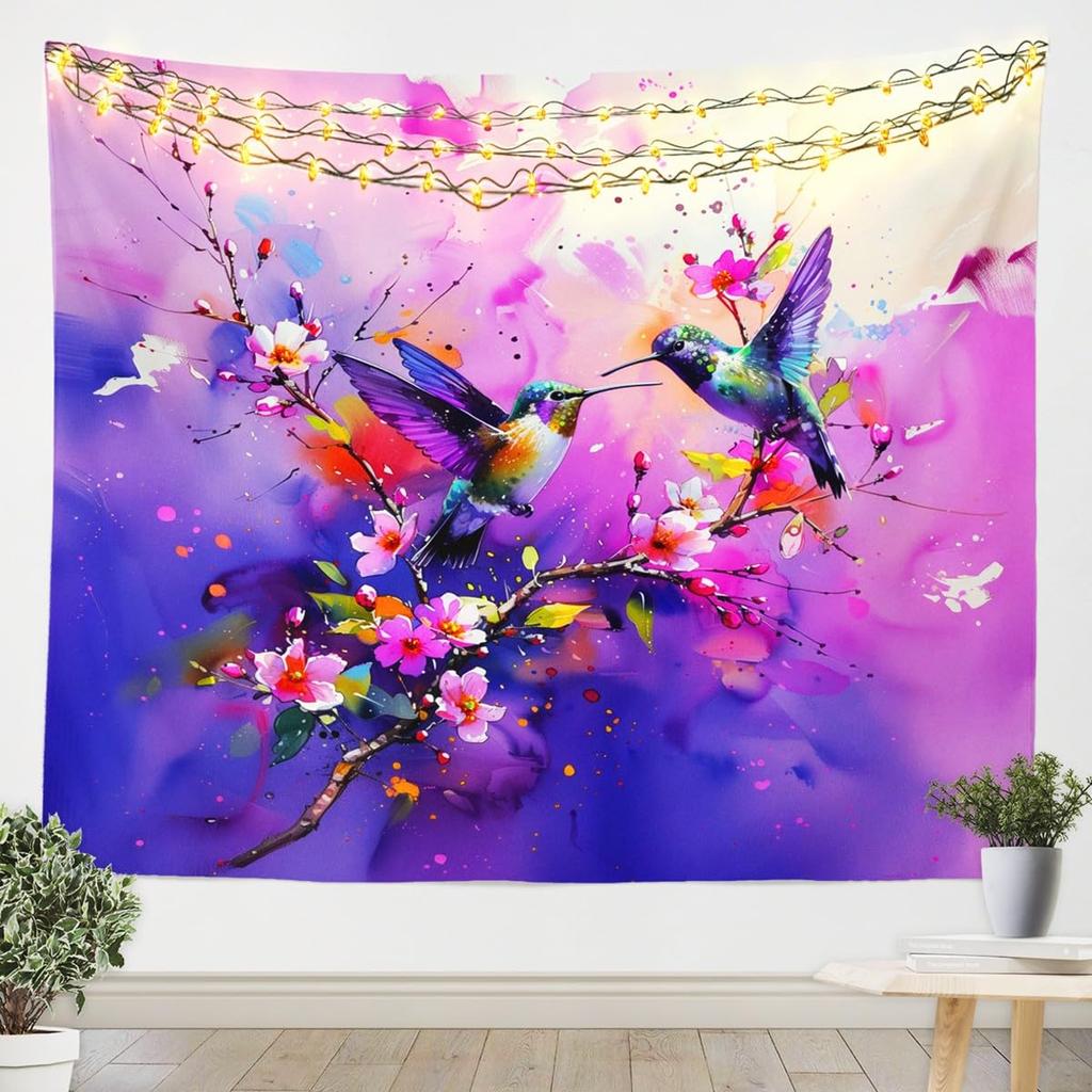Watercolor Hummingbird Tapestry, Vibrant Wall Hanging with Colorful Hummingbirds & Cherry Blossoms on Purple Background
