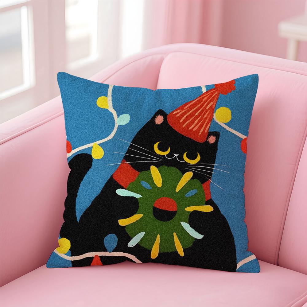 Cartoon Christmas Gift Cute Cat Cushion Cover Linen Pillowcase Cover Soft Decor for Sofa Home Room