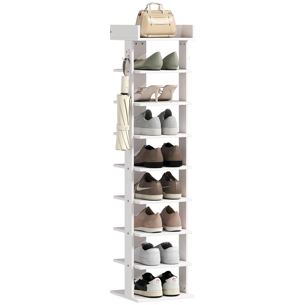 9-stufiges Schuhregal, Schuhorganizer für bis zu 9 Paar mit oberer Ablage, 2 Haken, 30x30x128,4cm, weiß