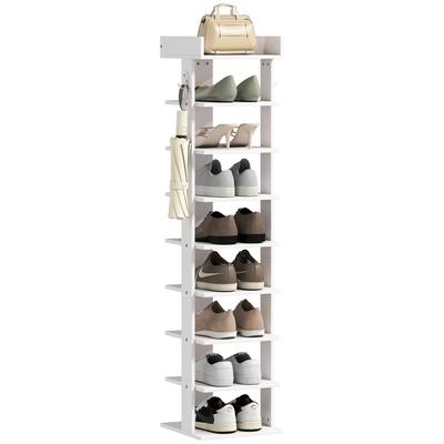 9-Tier Shoe Rack, Shoe Organizer Up To 9 Pairs with Top Tray, 2 Hooks, 30x30x128.4cm, White
