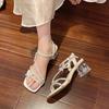 Fashion Women Fashion Open Toe Shining Blue Rhinestone Buckle Thick High Heel Sandals Rhinestone Gladiator Wedding Dress Shoes