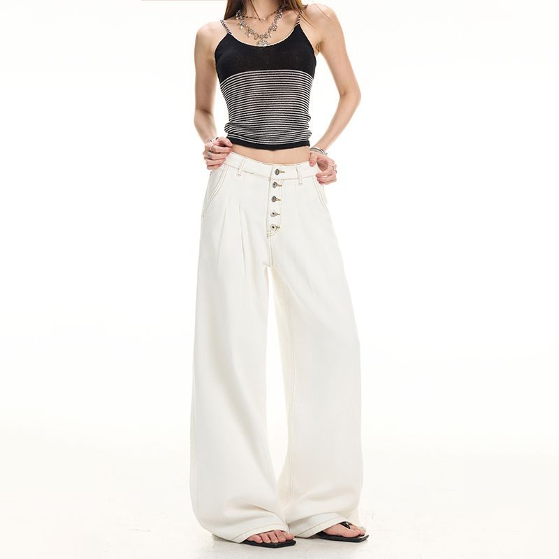 Spring Summer Vintage Five Button Double Pleat A Line White Casual Wide Leg Denim Pants For Women Casual Pants Oversize Denim Trousers