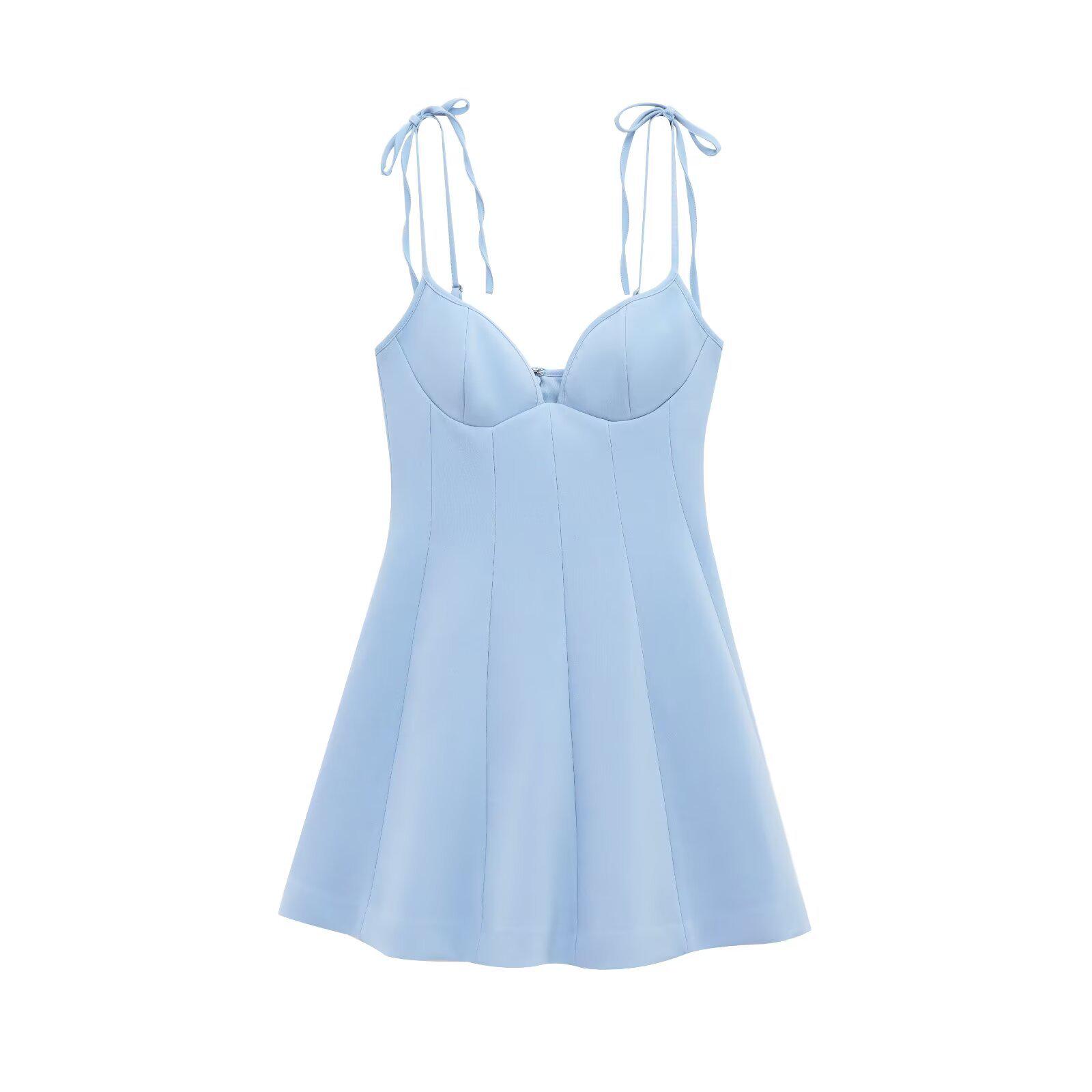 

Весеннее синее платье с открытой спиной и бантом - Европейский и американский стиль для лета Large светло-синий