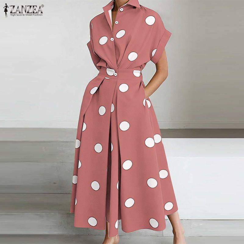ZANZEA Womens Casual Turn Down Collar Polka Dot Print Short Sleeve Dress