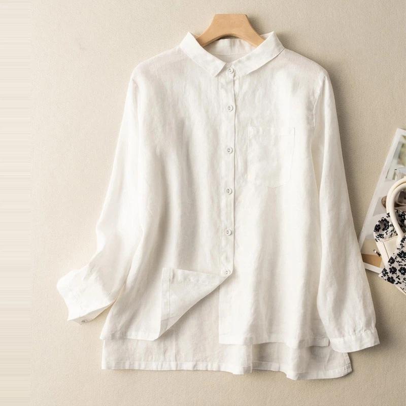 Women Lapel Collar Long Sleeve 100% Linen Button Down Shirt With Chest Pocket M