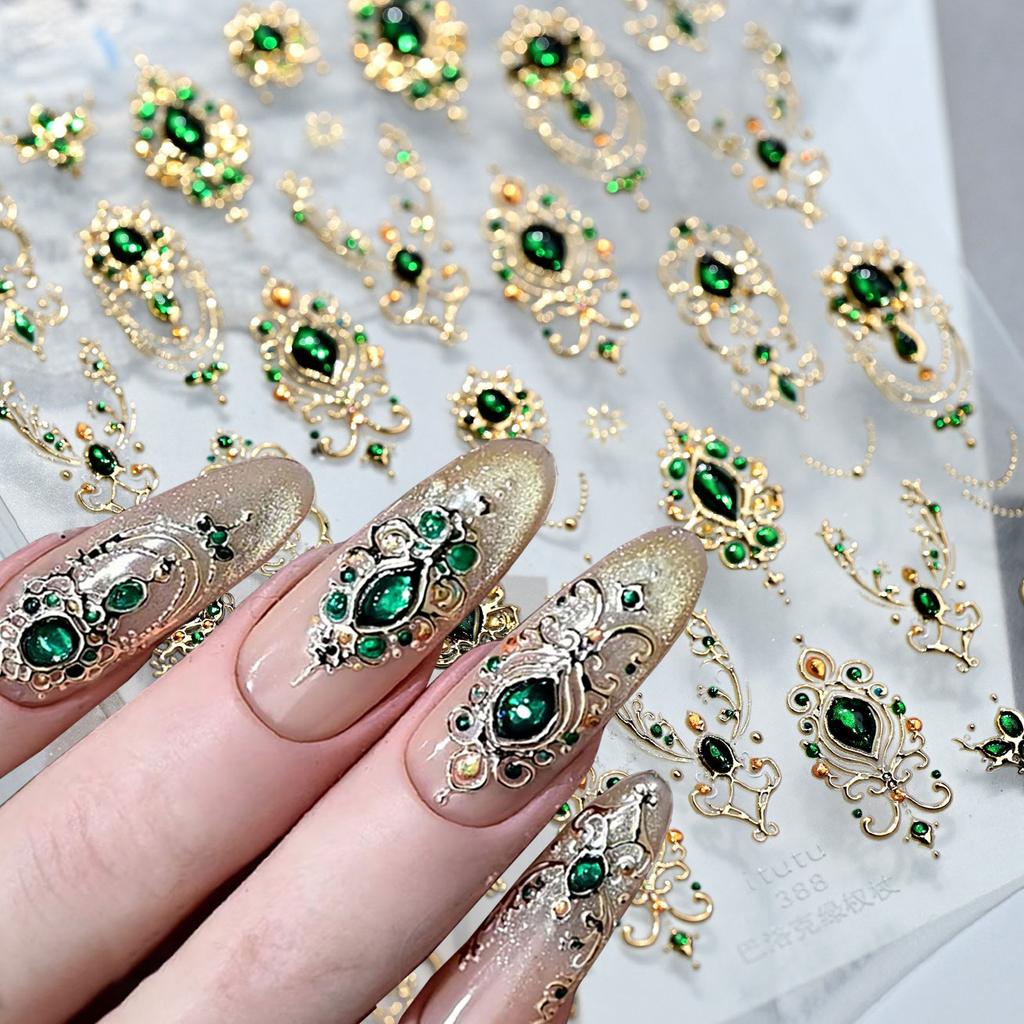 5D Embossed Emerald Gemstones Nail Art Stickers Luxury Golden Frame Baroque Flower Nail Decals Green Rhinestones Nail Supplies