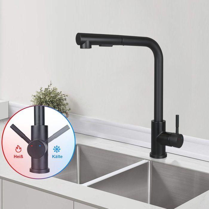 Robinet de cuisine - NETTLIFE - Modèle extensible - Noir - Bec rétractable - Douchette extractible