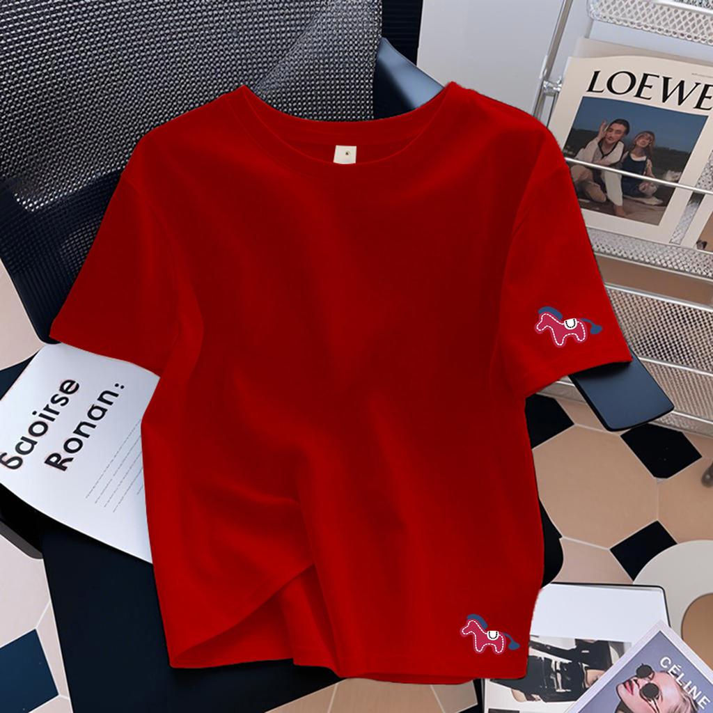 Women's Round Neck Short Sleeve Cute Horse Printed Loose Fit Korean Casual T Shirt Basic Cotton Top 2026 New Spring Daily Ins Style Layering Blouse