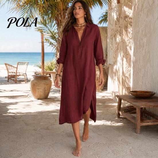 Modieuze Damesjurk Dames Zomer Midi Hemdjurk, Lange Mouwen V-hals Casual Zachte Stof Kraaglos Losse Tuniek Strandvakantie Zomerjurk met Zakken