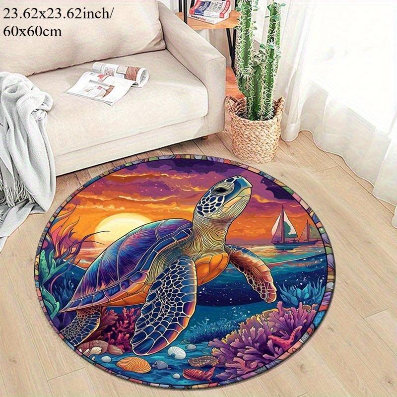 Vibrant Turtle Coral Reef Sunset Flannel Rug Printed Round Mat Ocean Life Decor Coastal Style Home Furniture Bedroom Floor Cover