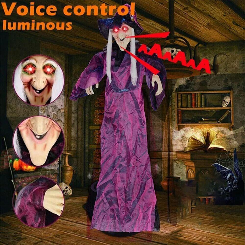 Outdoor Spooky Animatronic Witch Purple Red Eye Animated Witch Creativity Life Size Talking Witch