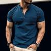 Mens Short Sleeve Stand Collar Pocket Solid Henley T Shirt Casual Mens Top