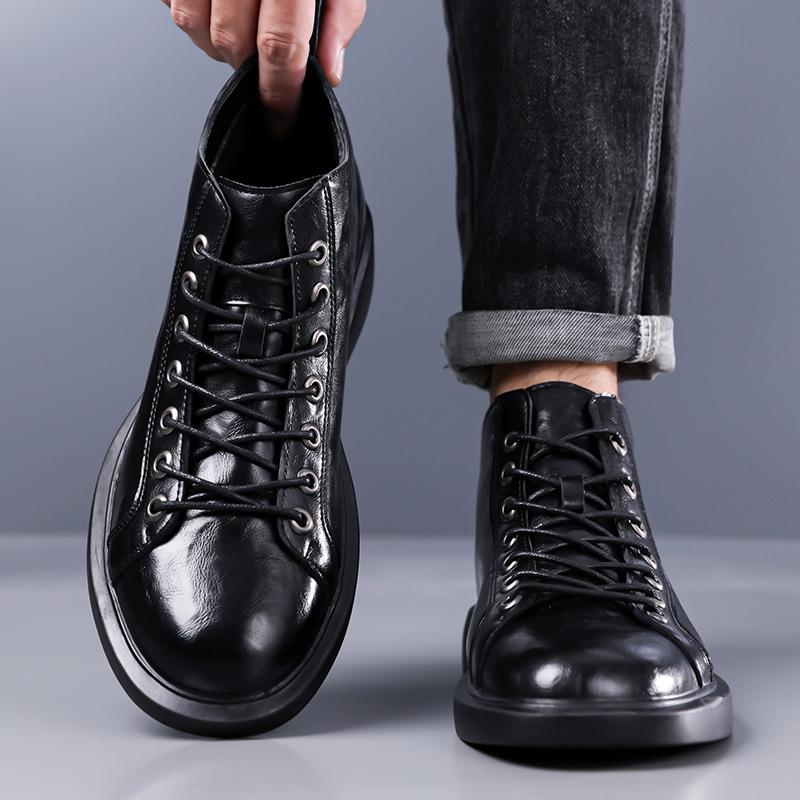 Men Leather Ankle Boots Lace Up Thick Sole Non Slip Casual Daily Fashion High Top Shoes