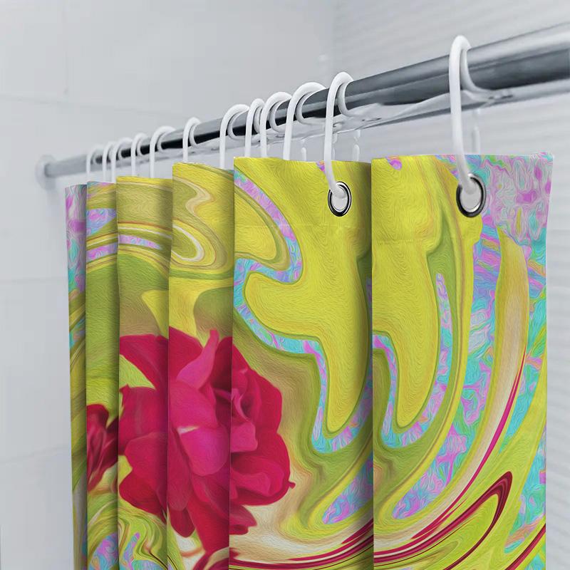 Stylish Modern Bathroom Shower Curtain with Abstract Floral Design for Home Decor Green, Red Yellow Colors 72 x 78 Inches Long S