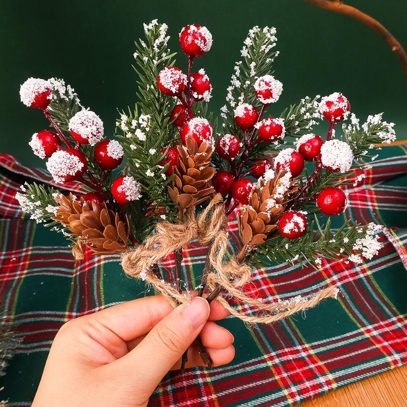 Artificial Pine Cone Branches Holly Berry Pine Cone Decorations Christmas Tree Ornament DIY Party Gift Packaging Decor Supplies