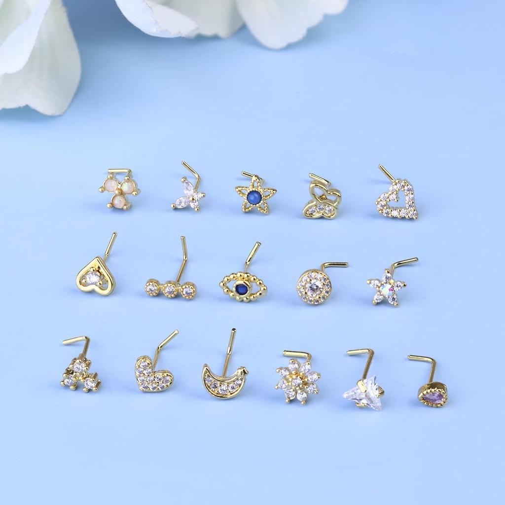 Bobisty 20G Surgical Steel Nose Studs L Shaped Opal CZ Heart Butterfly Elegant Piercing Jewelry for Women