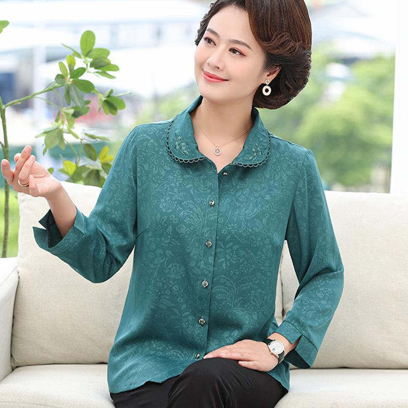 2026 Silk Long-Sleeve Top for Middle-Aged and Elderly Women - Spring & Autumn Fashion.