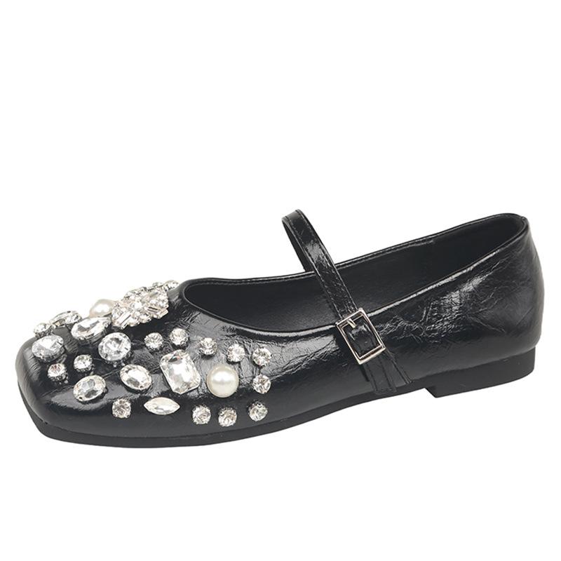 French fairy style silver rhinestone Mary Jane shoes woman spring new square head flat bottom with skirt one-word single shoes woman