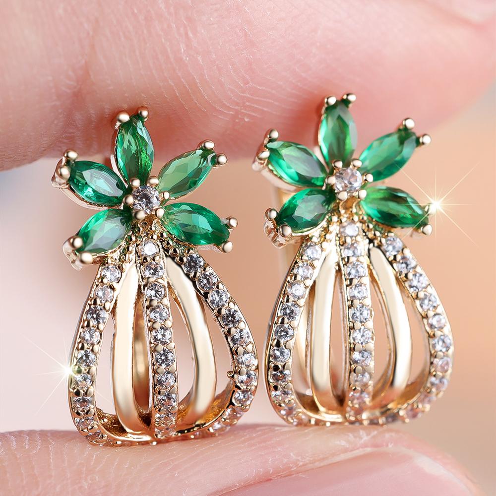 1 Pair Women's Green Cubic Zirconia Flower Drop Dangle Earrings Luxury Gold Color Wedding Party Jewelry Gifts