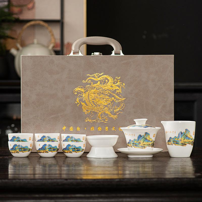Premium beauty suet jade white porcelain kung fu tea set, household Xishi pot tea cup light luxury high-end gift box