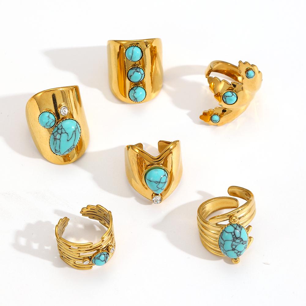 Vintage Natural Stone Geometric Gold Plated Stainless Steel Ring Trendy Fashion Jewelry Accessories Dainty Gifts