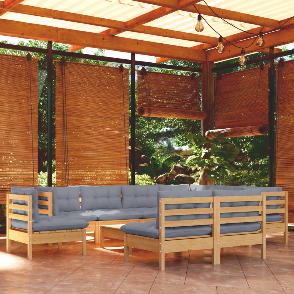 10 Piece Garden Lounge Set with Grey Cushions Solid Pine Wood