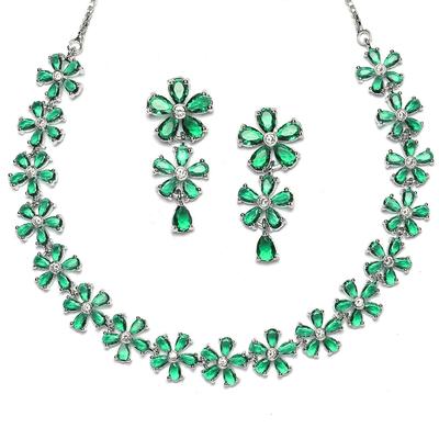 Rhodium Plated Silver Toned White American Diamond Studded Flower Shaped Jewellery Set For Girls and Women