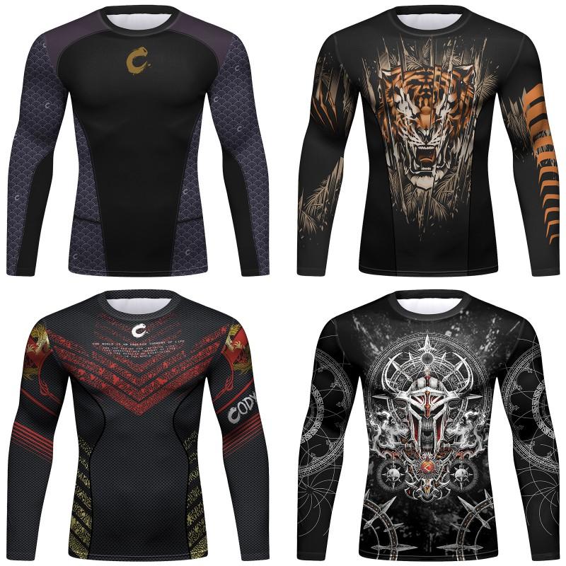 Mens Quick-Dry Long Sleeve T-Shirt Breathable Sport Tee With Animal Print Slim Fit Fall Winter