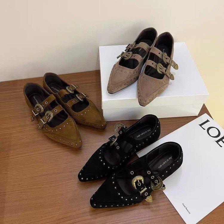 Single Shoes Women's Retro Mary Jane Women's Shoes Will Increase In Height Within 2025, Niche New Models, Rivets, Pointed Heads, Versatile Suede Comm
