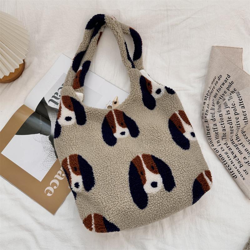 

New plush puppy printed winter shoulder vest bag large capacity women shoulder tote bag