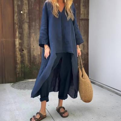Zweiteilige Outfits für Damen, langärmeliger, unregelmäßiger Pullover, V-Ausschnitt, Oberteil und Hose mit weitem Bein, lässiger Sommer-Lounge-Anzug