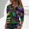 Women's Casual Button V-Neck Long Sleeved Shirt With Printed Fashion T-Shirt