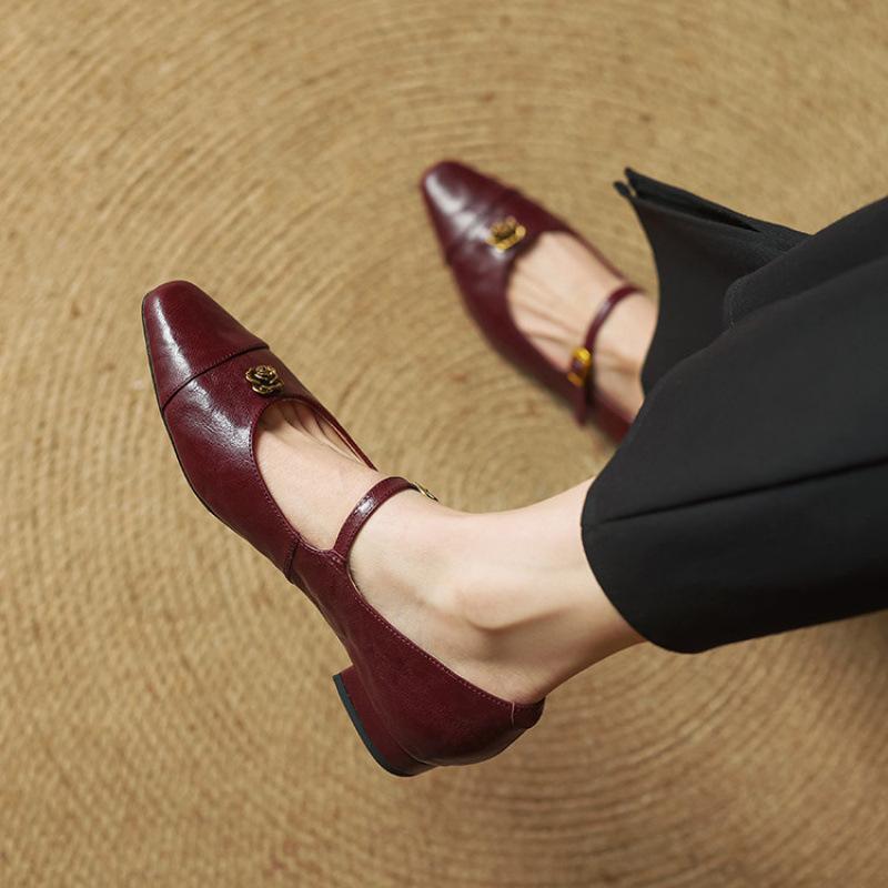 New Low-top Shallow-mouth Leather Single Shoes, Comfortable Low-heeled Single Shoes, Women's Head and Foot Pedal, Comfortable Beef Tendon So